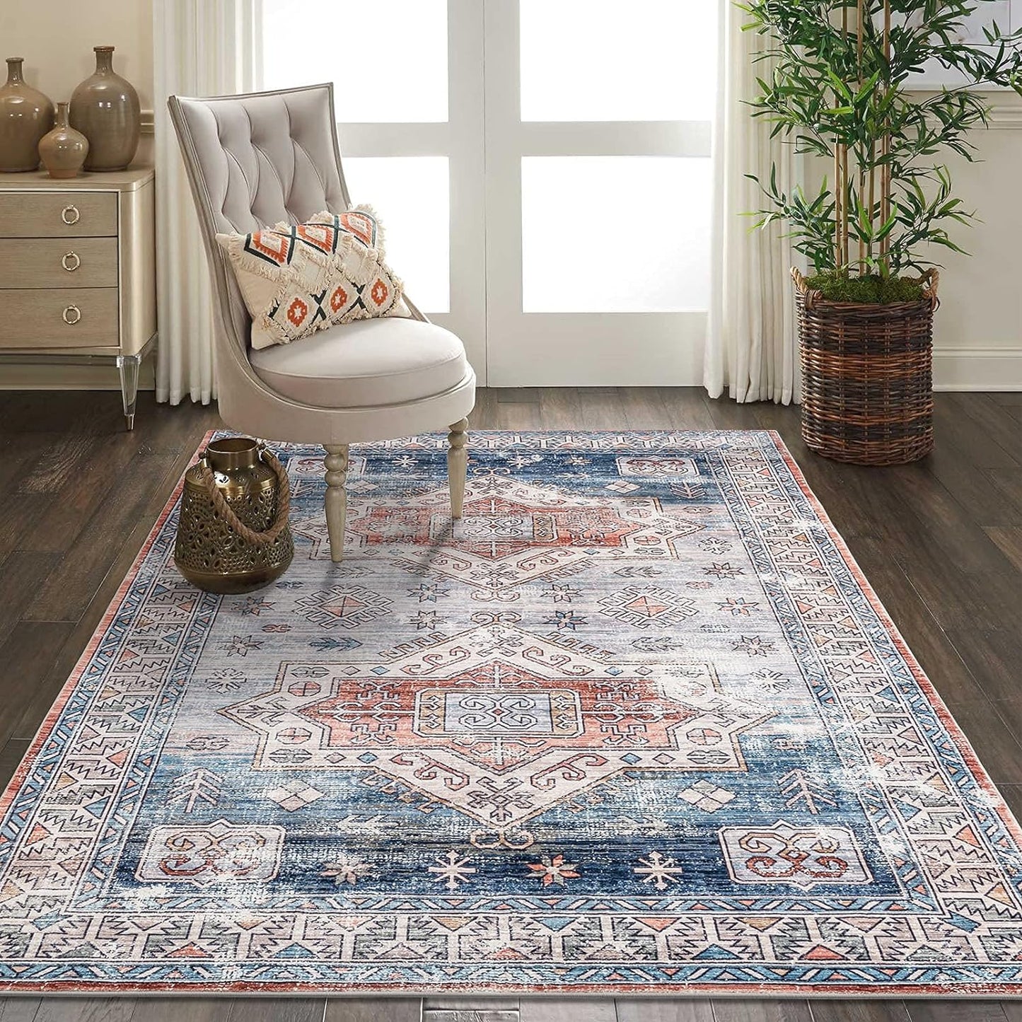 Area Rug, Carpet Area Persian Rugs, Rug for Room Soft, Bedside Rug for Bedroom Rug, Living Room Rug, Traditional Vintage Distressed Area Rug, 5X8 Blue Multi Medallion Rug