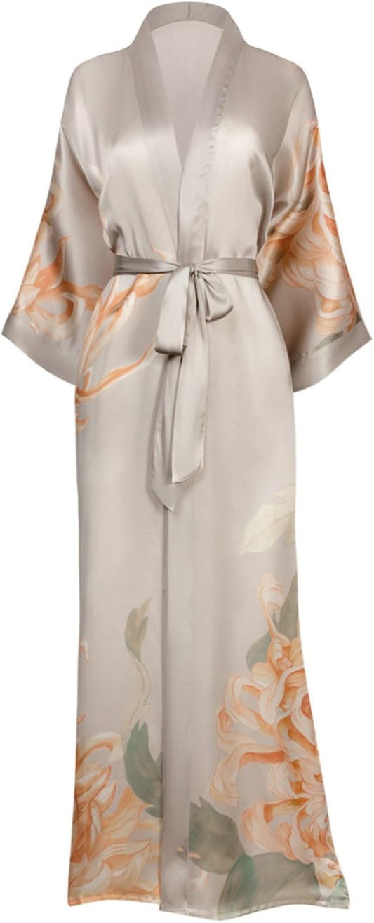 Women'S Silk Kimono Robe Long - Floral Print