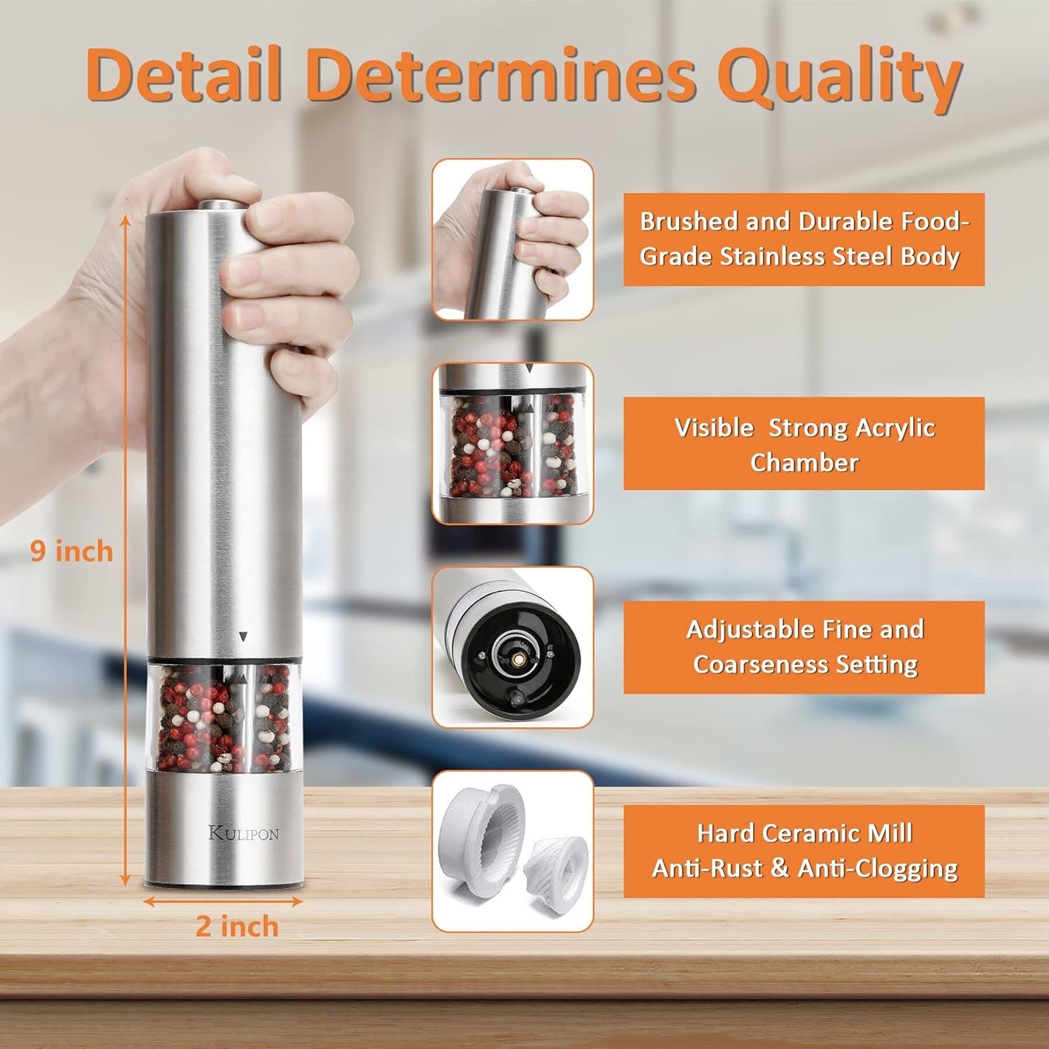 Electric Salt and Pepper Grinder Set, Refillable, One Handed, Ergonomic Salt and Pepper Shakers, Adjustable Coarseness Fine Long-Lasting Battery Salt and Pepper Mill Sets with Light(2 Pack)